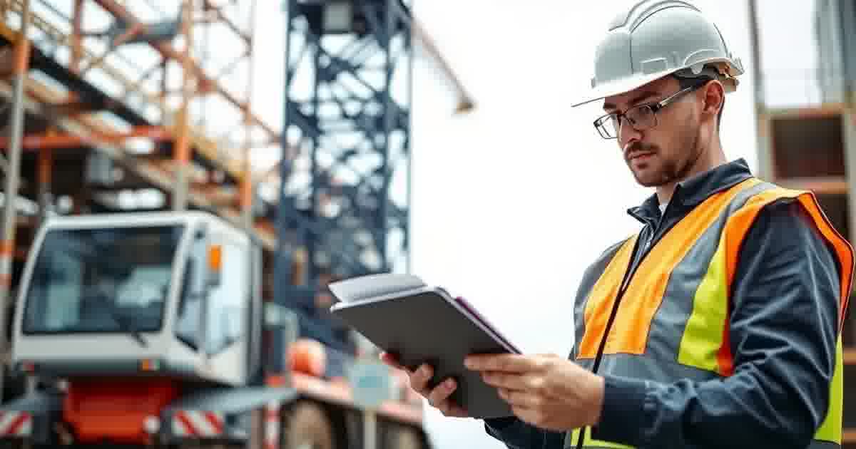 Crane operator reviewing state insurance requirements documentation