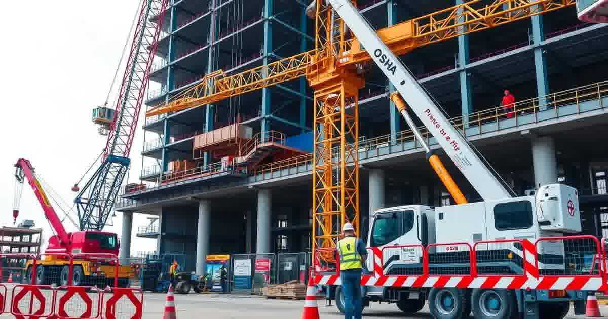 Construction site showing OSHA compliant crane operations with safety protocols
